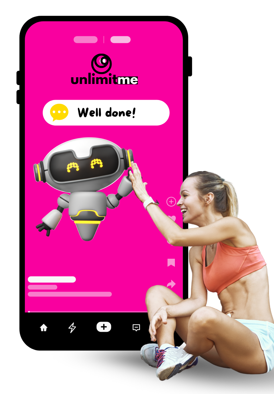 1 Athlete sitting and high-fiving Unlimitme’s AI assistant, symbolizing support and motivation